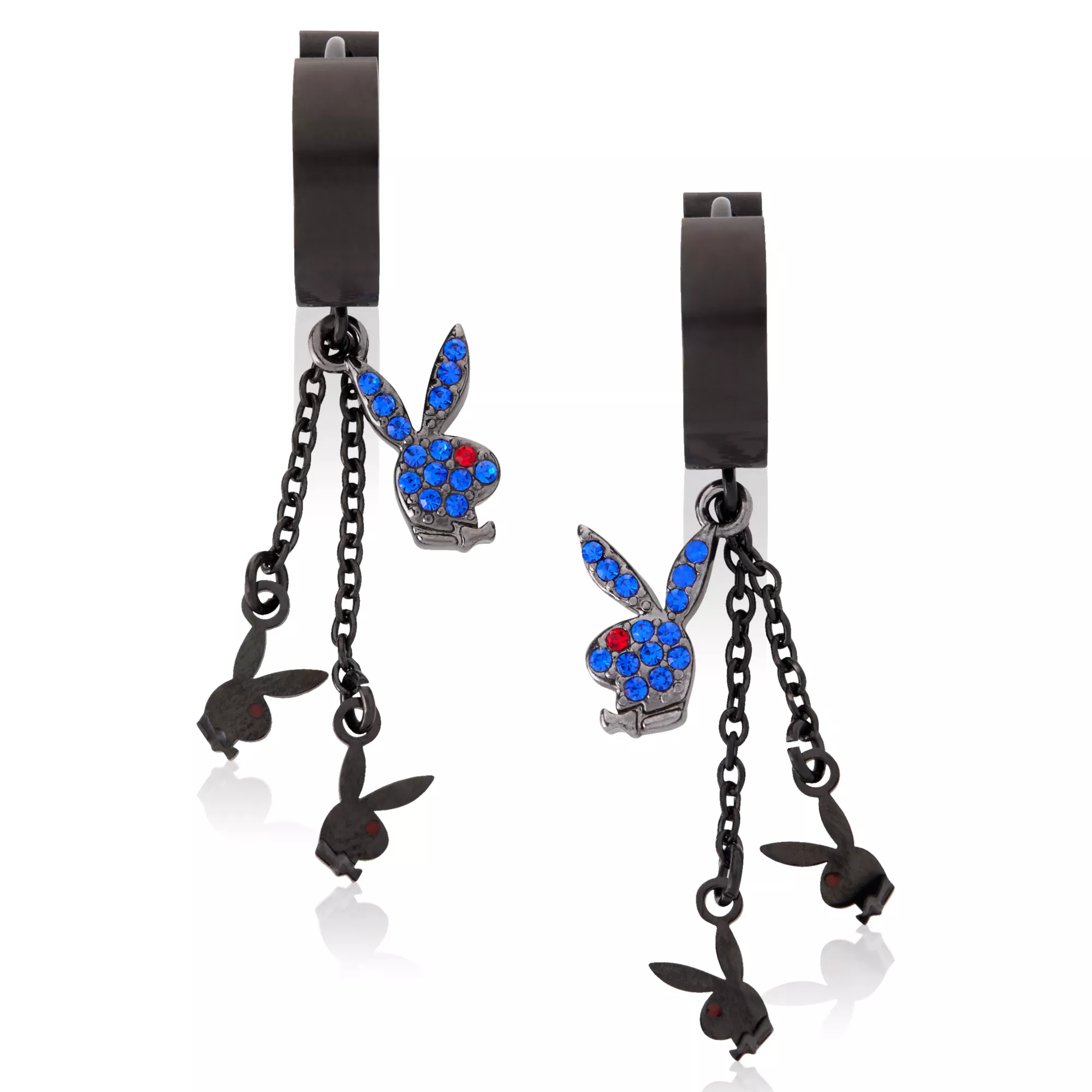 Blue CZ Triple Playboy Bunny Chain Dangle Huggie Hoop Earrings