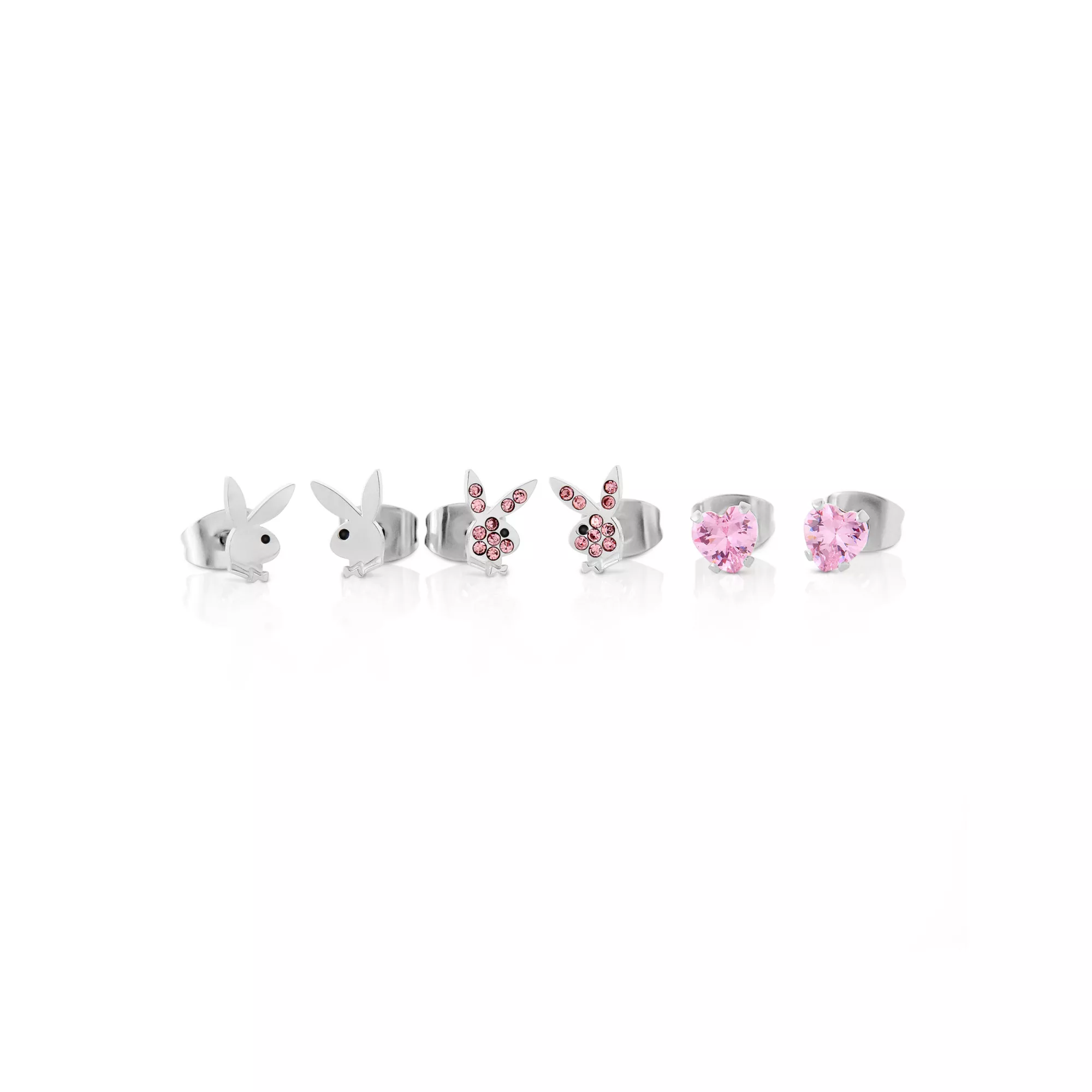 Multi-Pack CZ Pink Playboy Bunny Heart Stud Earrings 3 Pack - 20 Gauge at Spencer's
