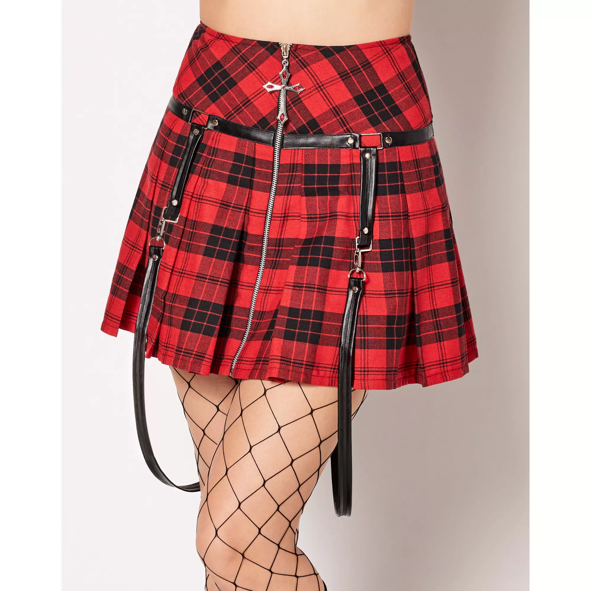 Red Plaid Cross Zipper Skirt at Spencer's