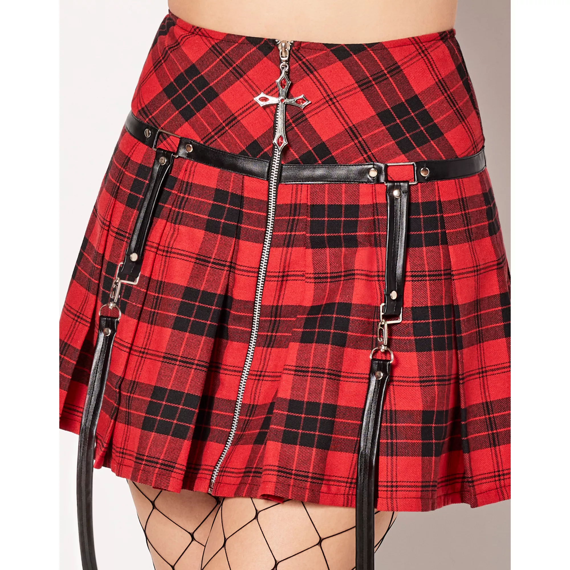 Red Plaid Cross Zipper Skirt at Spencer's