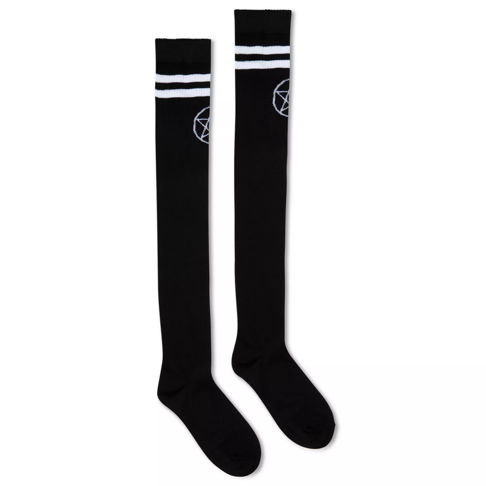 Over the Knee Black and White Stripe Pentagram Socks at Spencer's