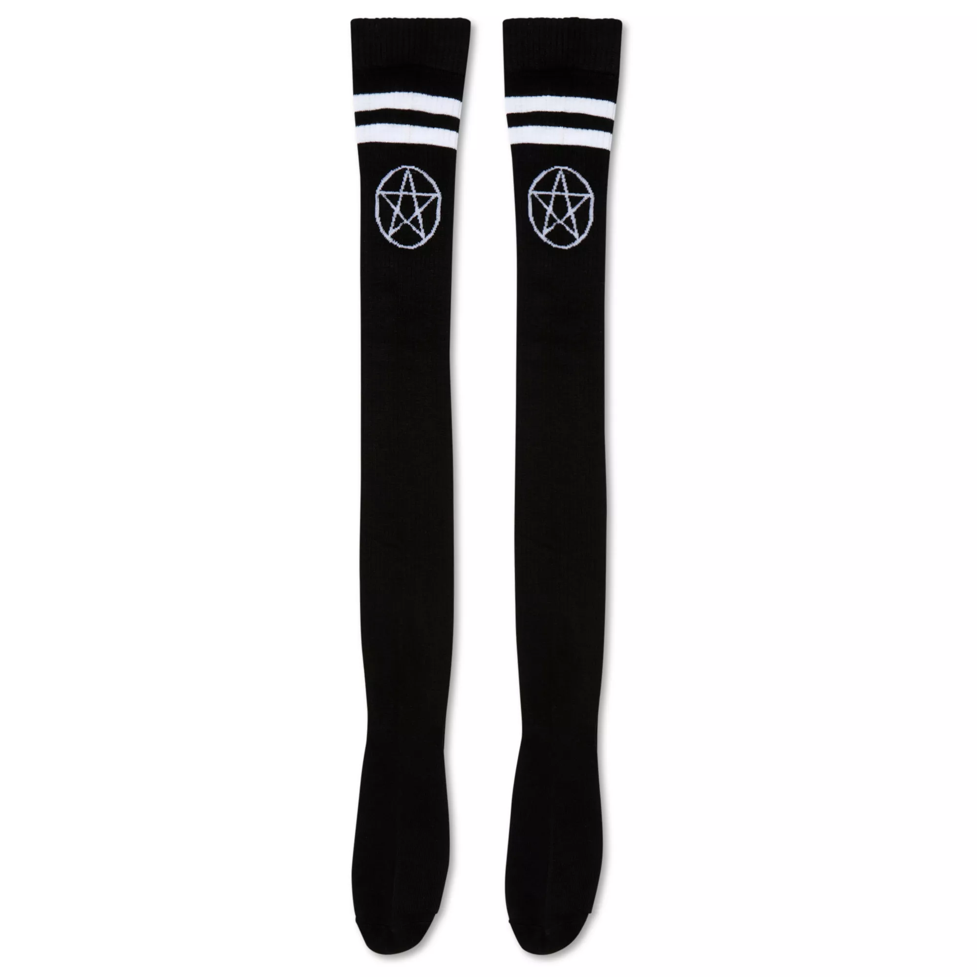 Over the Knee Black and White Stripe Pentagram Socks at Spencer's