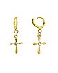 CZ Cross Goldtone Chain Dangle Huggie Hoop Earrings - 18 Gauge