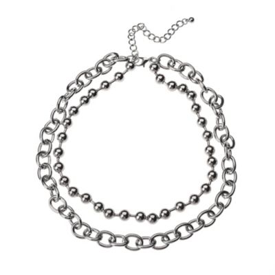 Silvertone Double Row Cable Chain and Ball Chain Necklacec