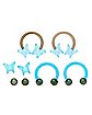 Multi-Pack Blue Butterfly Horseshoe Rings and Extra Balls 4 Pack - 14 Gauge
