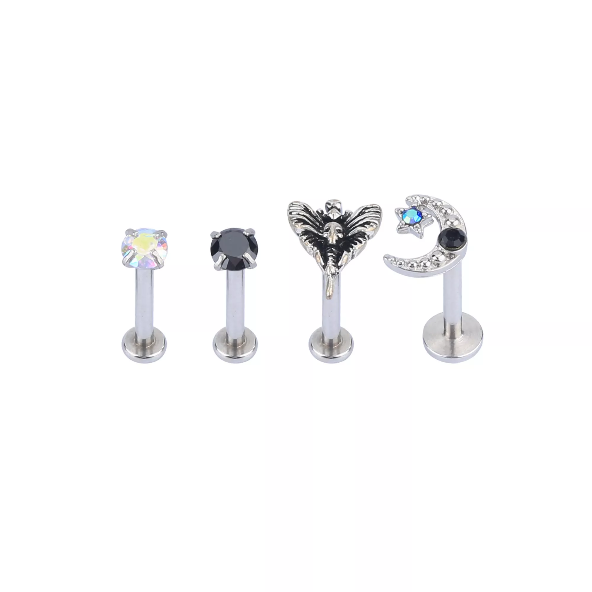 Multi-Pack CZ Moth Moon and Star Labret Lip Rings 4 Pack - 16 Gauge at Spencer's
