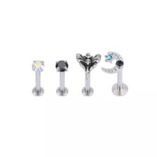 Multi-Pack CZ Moth Moon and Star Labret Lip Rings 4 Pack - 16 Gauge at Spencer's