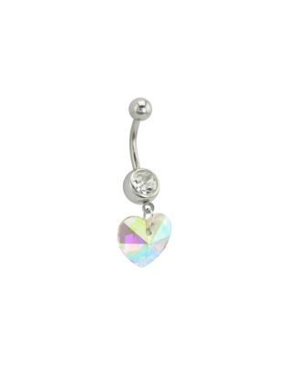CZ Iridescent Heart Dangle Belly Ring - 14 Gauge