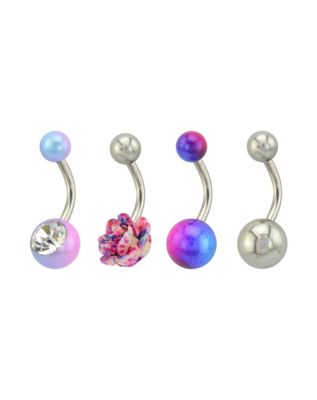 Multi-Pack CZ Rose Blue and Purple Belly Rings 4 Pack - 14 Gauge