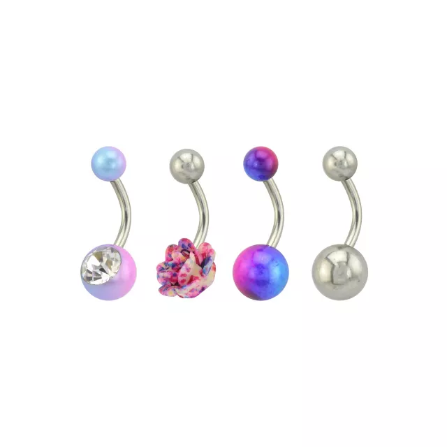Multi-Pack CZ Rose Blue and Purple Belly Rings 4 Pack - 14 Gauge at Spencer's