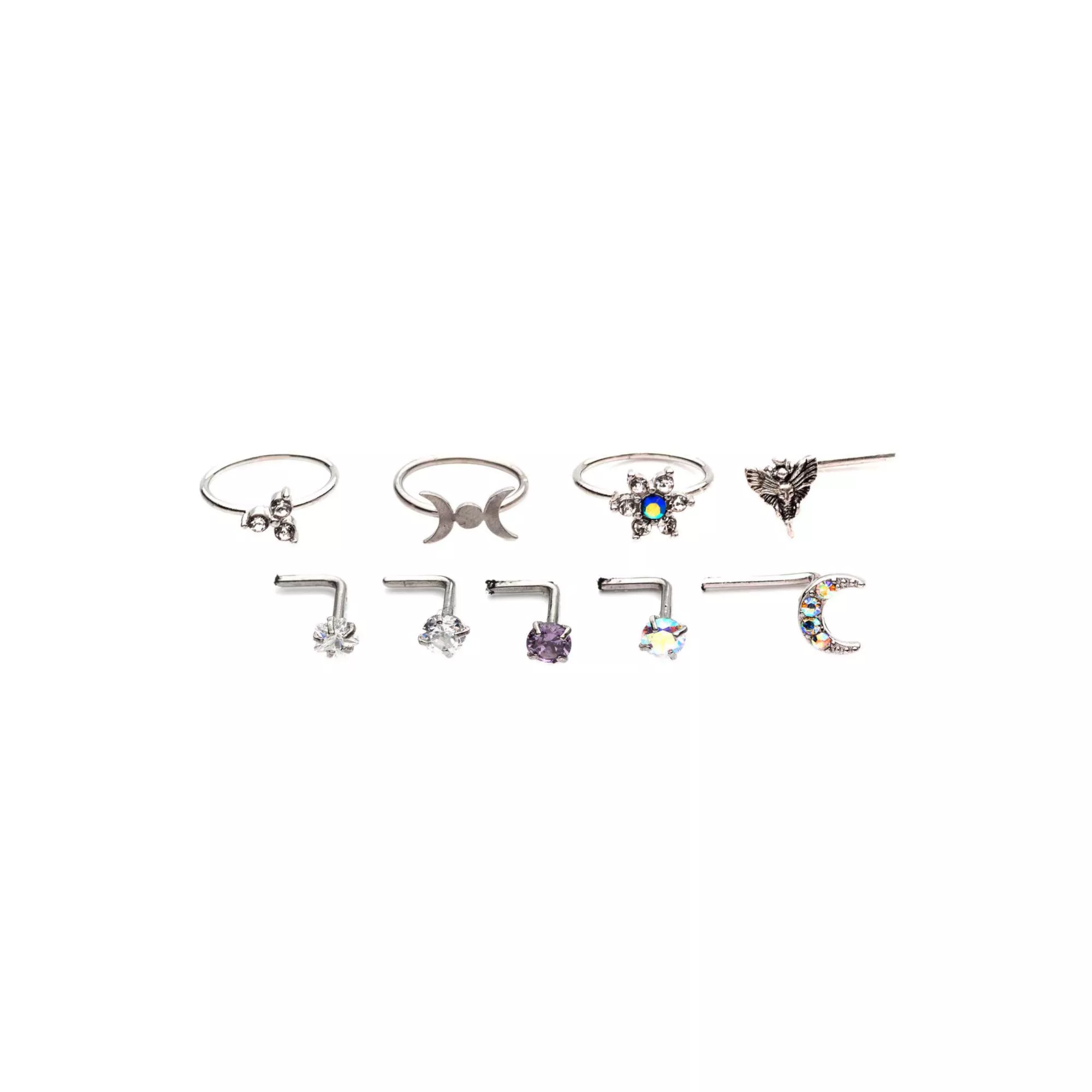 Multi-Pack CZ Moon and Star Hoops and L-Bend Nose Rings 9 Pack - 20 Gauge at Spencer's