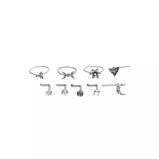 Multi-Pack CZ Moon and Star Hoops and L-Bend Nose Rings 9 Pack - 20 Gauge at Spencer's