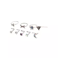 Multi-Pack CZ Moon and Star Hoops and L-Bend Nose Rings 9 Pack - 20 Gauge at Spencer's