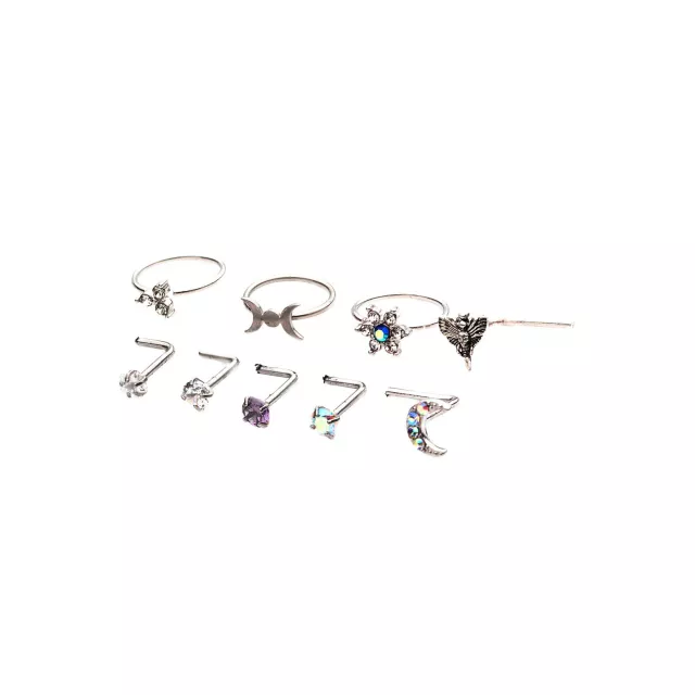 Multi-Pack CZ Moon and Star Hoops and L-Bend Nose Rings 9 Pack - 20 Gauge at Spencer's