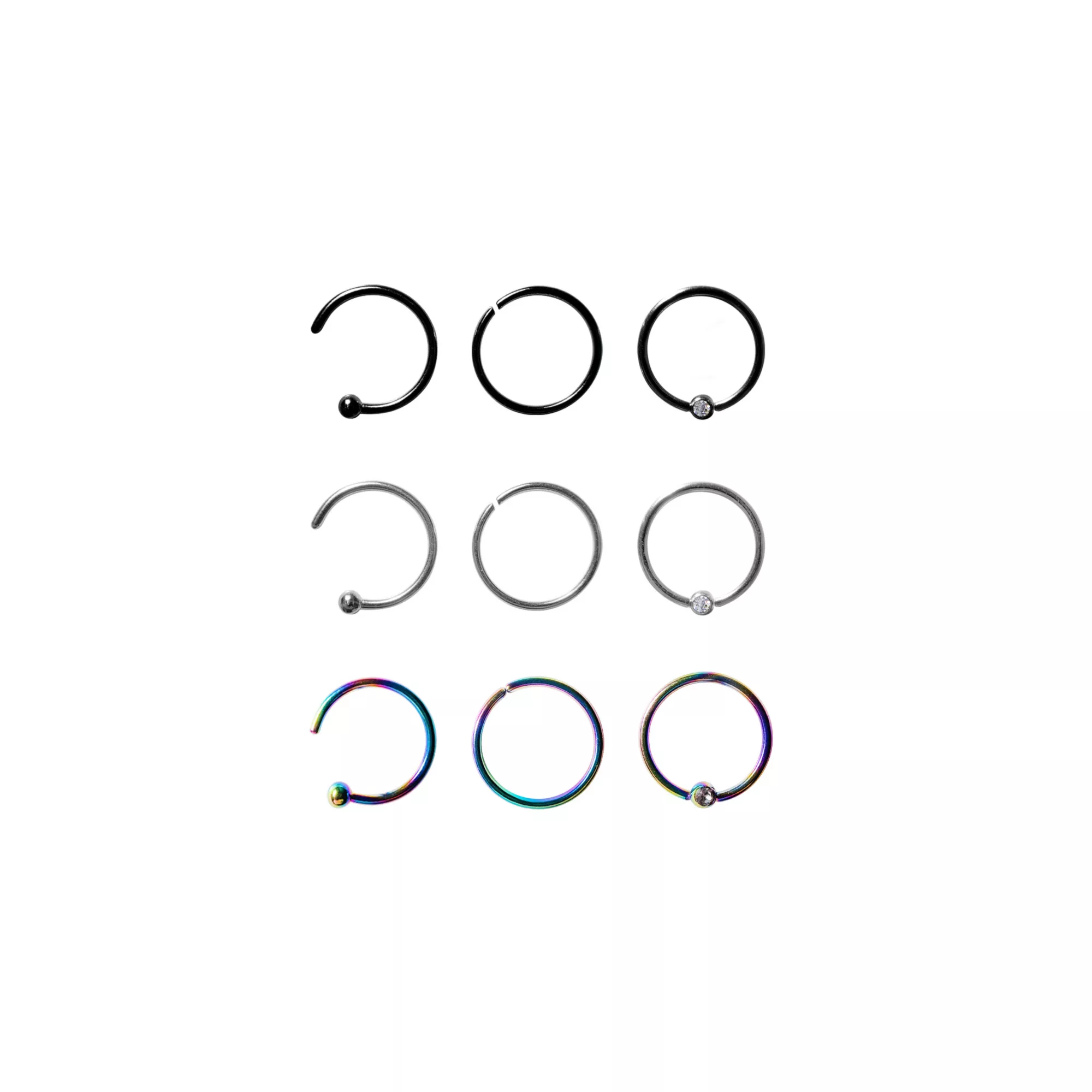 Multi-Pack CZ Black and Oil Slick Hoop Nose Rings 9 Pack - 20 Gauge at Spencer's