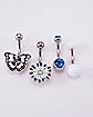 Multi-Pack Blue CZ Butterfly and Flower Belly Rings 4 Pack - 14 Gauge