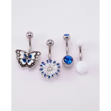 Multi-Pack Blue CZ Butterfly and Flower Belly Rings 4 Pack - 14 Gauge at Spencer's
