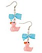 Pink Duck and Blue Bow Dangle Earrings