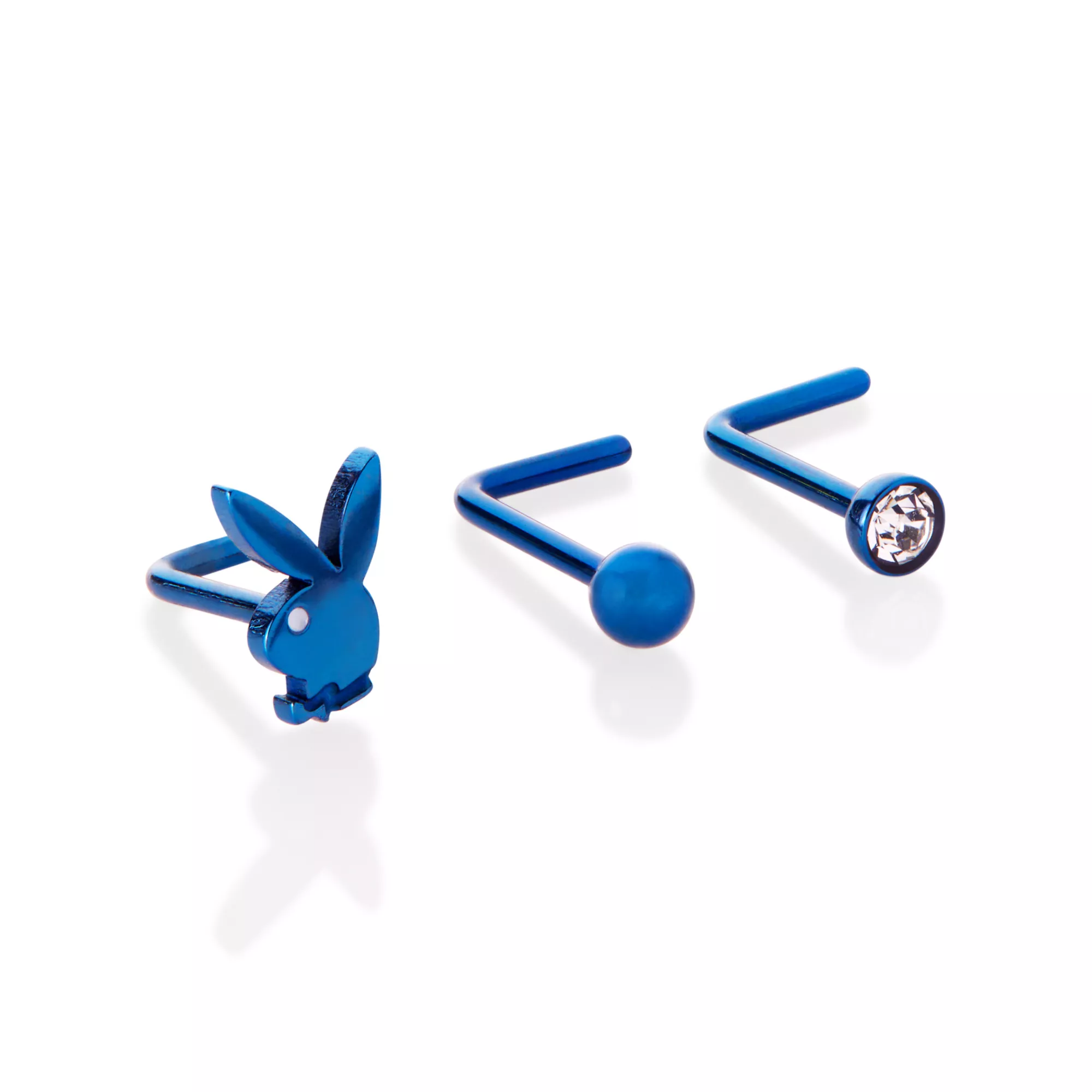Multi-Pack Round CZ Blue Playboy L-Bend Nose Rings 3 Pack - 20 Gauge at Spencer's