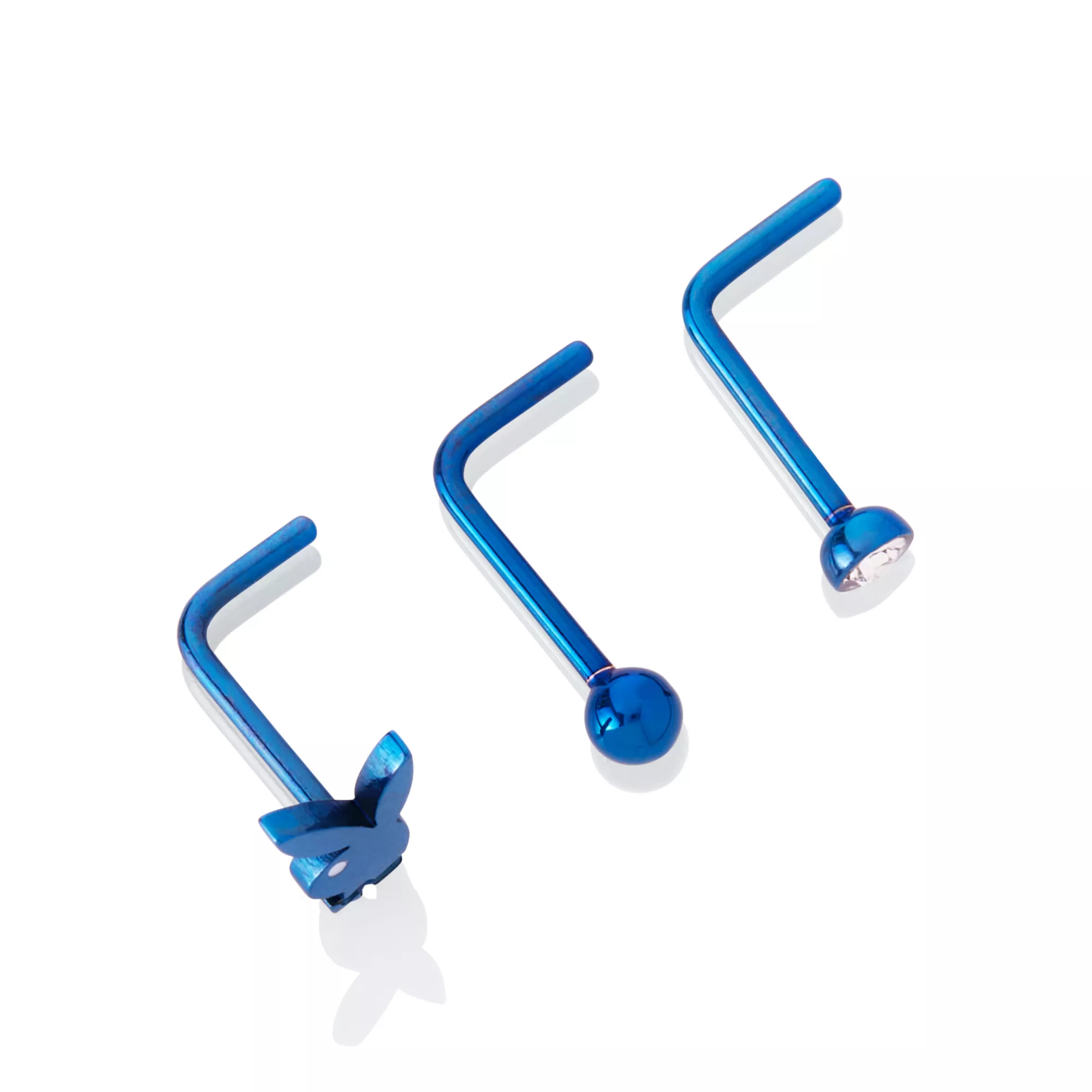 Multi-Pack Round CZ Blue Playboy L-Bend Nose Rings 3 Pack - 20 Gauge at Spencer's