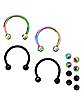 Multi-Pack Black and Oil Slick Horseshoe Rings with Spiked Extra Balls 4 Pack - 16 Gauge