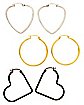 Multi-Pack Silvertone Goldtone and Black Heart Hoop Earrings 3 Pack - 20 Gauge