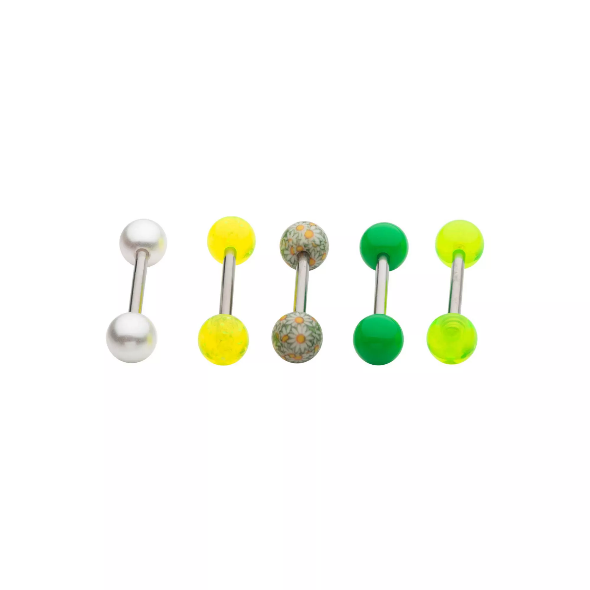 Multi-Pack Green and Yellow Flower Barbells 5 Pack - 14 Gauge at Spencer's