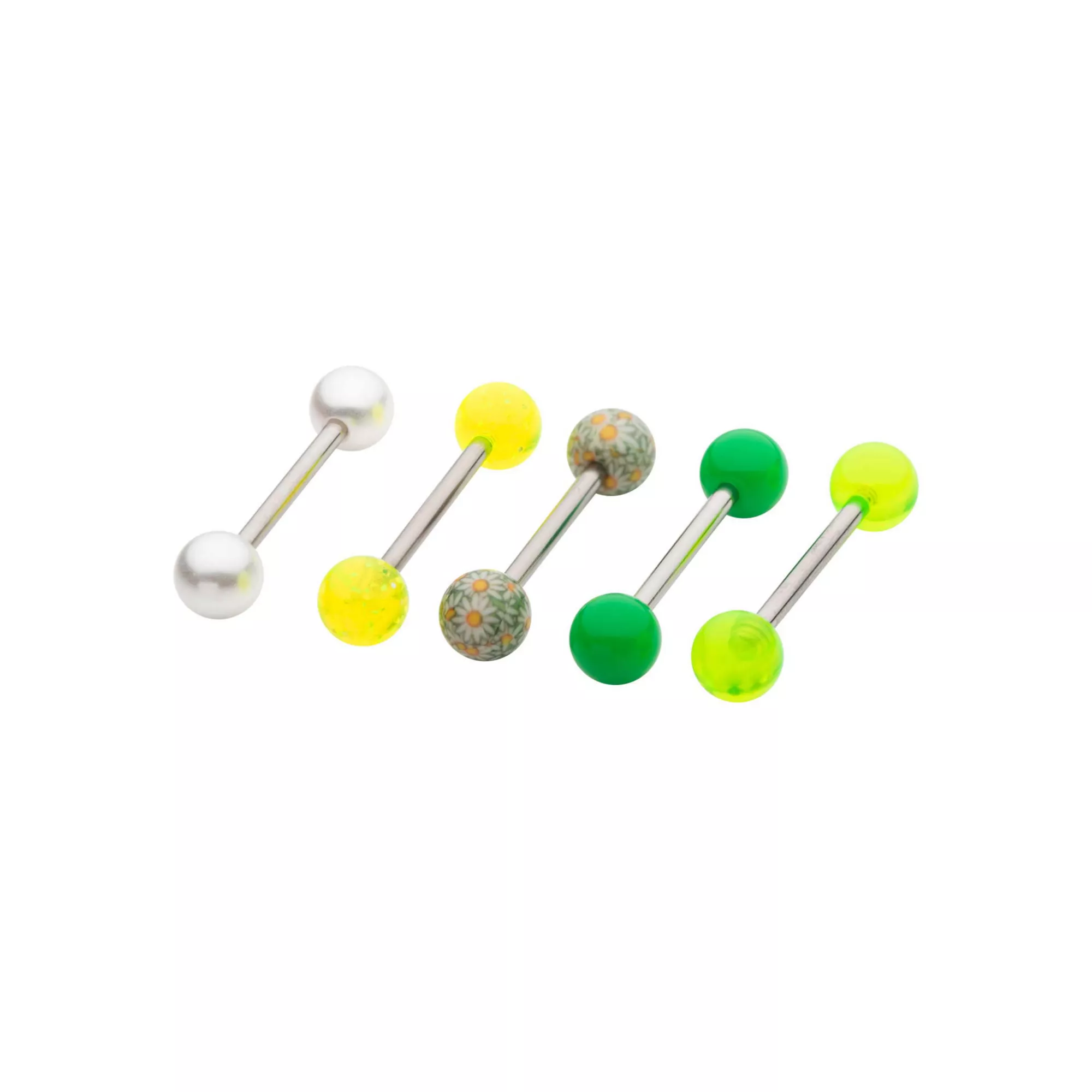 Multi-Pack Green and Yellow Flower Barbells 5 Pack - 14 Gauge at Spencer's