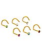 Multi-Color Gold-Plated Hook Nose Rings 6 Pack- 20 Gauge