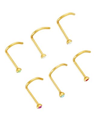 Multi-Color Gold-Plated Hook Nose Rings 6 Pack- 20 Gauge
