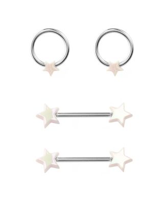 Multi-Pack White Star Captive Rings and Nipple Barbells 2 Pair - 14 Gauge