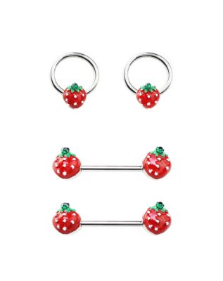 Multi-Pack Strawberry Captive Rings and Nipple Barbells 2 Pair - 14 Gauge