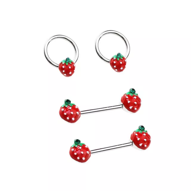 Multi-Pack Strawberry Captive Rings and Nipple Barbells 2 Pair - 14 Gauge at Spencer's