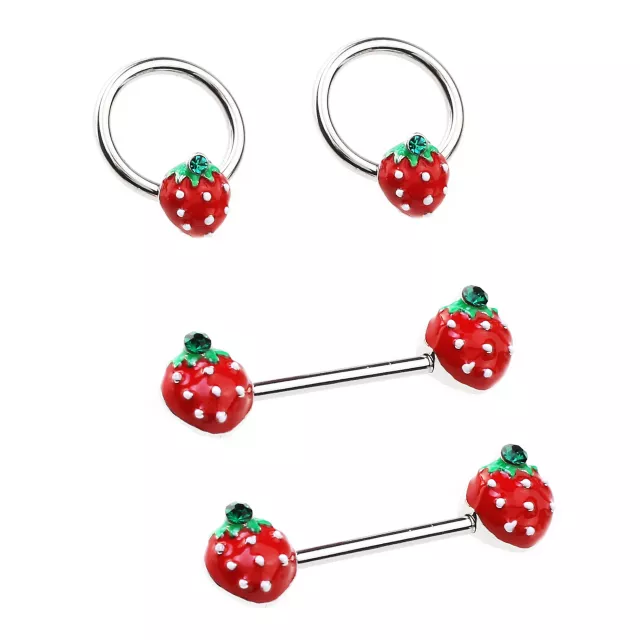 Multi-Pack Strawberry Captive Rings and Nipple Barbells 2 Pair - 14 Gauge at Spencer's