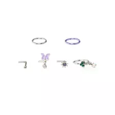 Multi-Pack Butterfly & Mushroom L-Bend Nose Rings and Nose Hoop Rings 6 Pack - 18 Gauge at Spencer's
