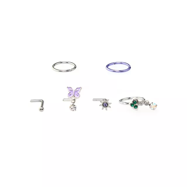 Multi-Pack Butterfly & Mushroom L-Bend Nose Rings and Nose Hoop Rings 6 Pack - 18 Gauge at Spencer's