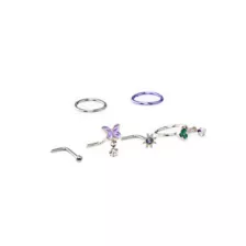 Multi-Pack Butterfly & Mushroom L-Bend Nose Rings and Nose Hoop Rings 6 Pack - 18 Gauge at Spencer's