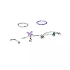 Multi-Pack Butterfly & Mushroom L-Bend Nose Rings and Nose Hoop Rings 6 Pack - 18 Gauge at Spencer's