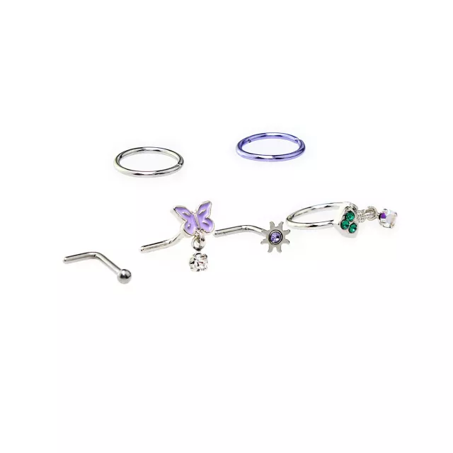 Multi-Pack Butterfly & Mushroom L-Bend Nose Rings and Nose Hoop Rings 6 Pack - 18 Gauge at Spencer's