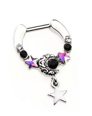 CZ Moon Star Dangle Septum Ring - 16 Gauge