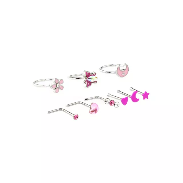 Multi-Pack Pink Spring Hoop Nose Rings L-Bend Nose Rings and Pin Nose Rings 9 Pack - 20 Gauge at Spencer's