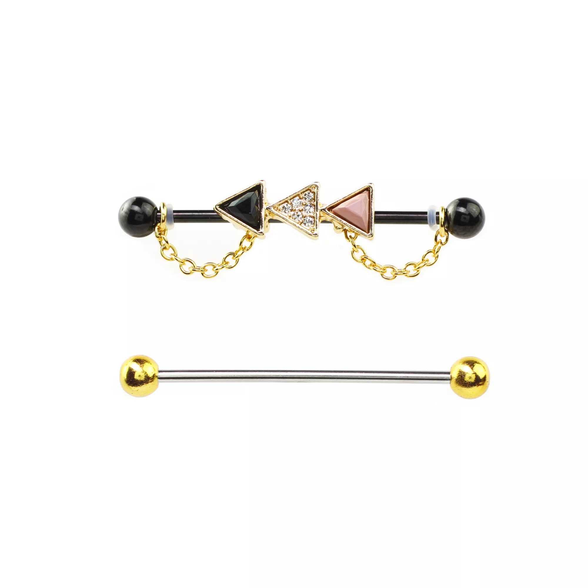 Multi-Pack CZ Black and Goldtone Triangle Chain Industrial Barbells 2 Pack - 14 Gauge at Spencer's