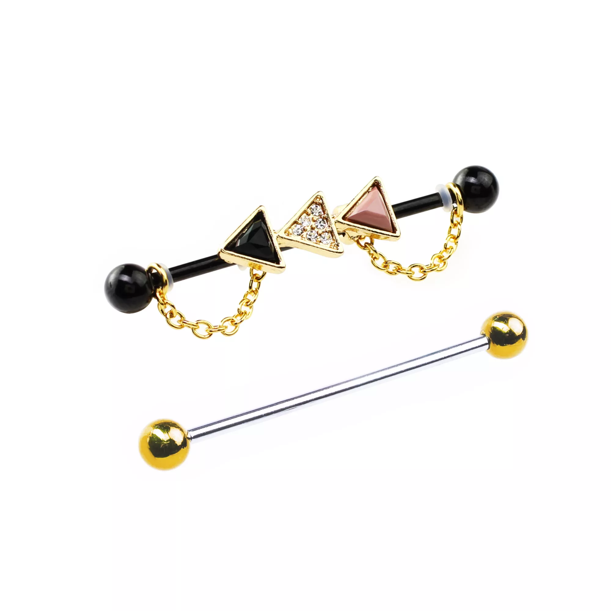 Multi-Pack CZ Black and Goldtone Triangle Chain Industrial Barbells 2 Pack - 14 Gauge at Spencer's
