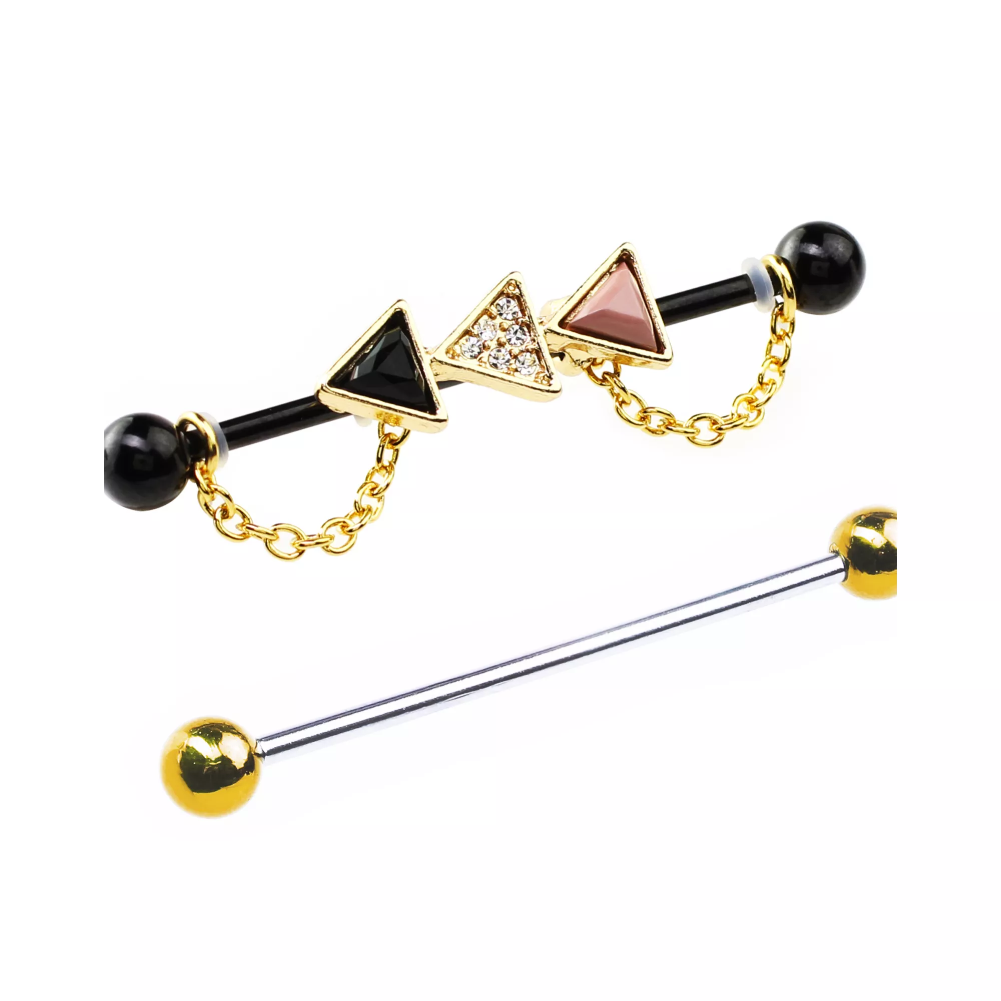 Multi-Pack CZ Black and Goldtone Triangle Chain Industrial Barbells 2 Pack - 14 Gauge at Spencer's