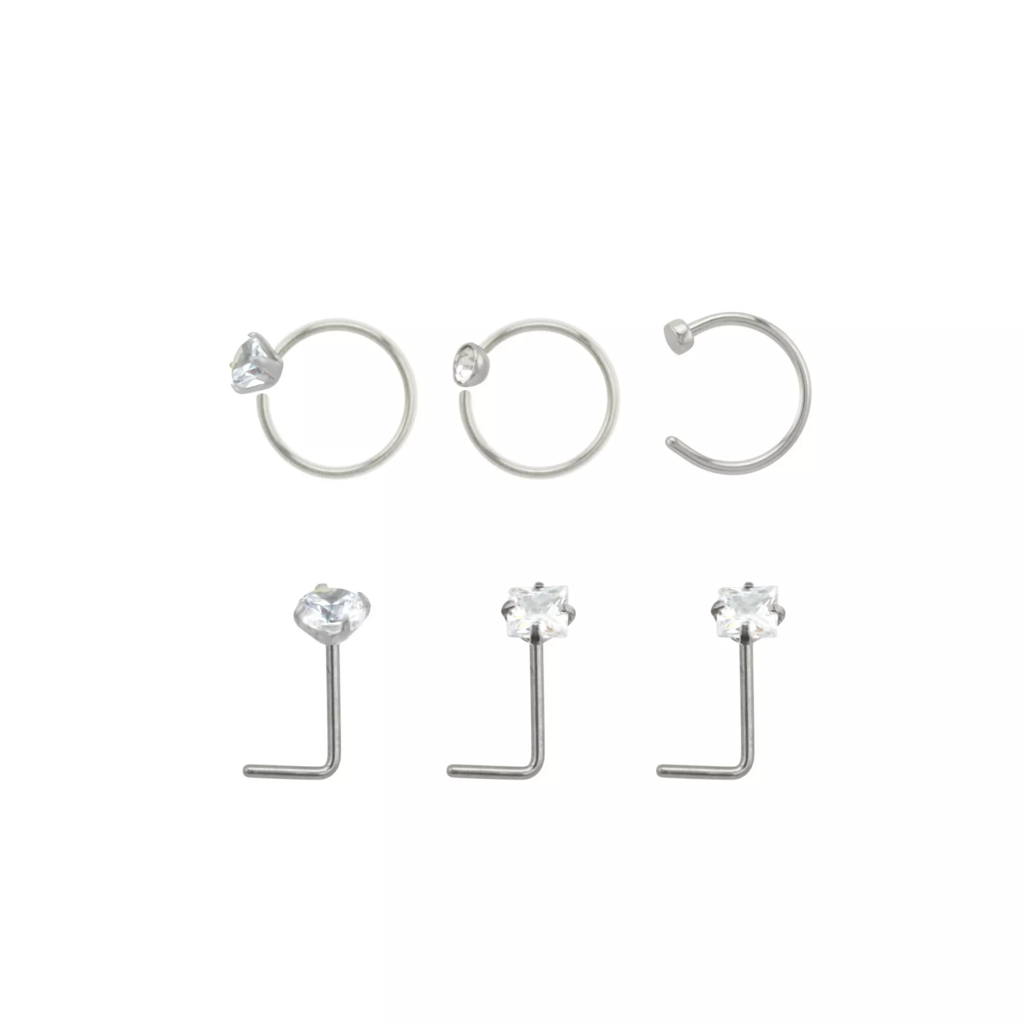 Multi-Pack Round and Square CZ L-Bend Nose Rings and Hoop Nose Rings - 6 Pack at Spencer's