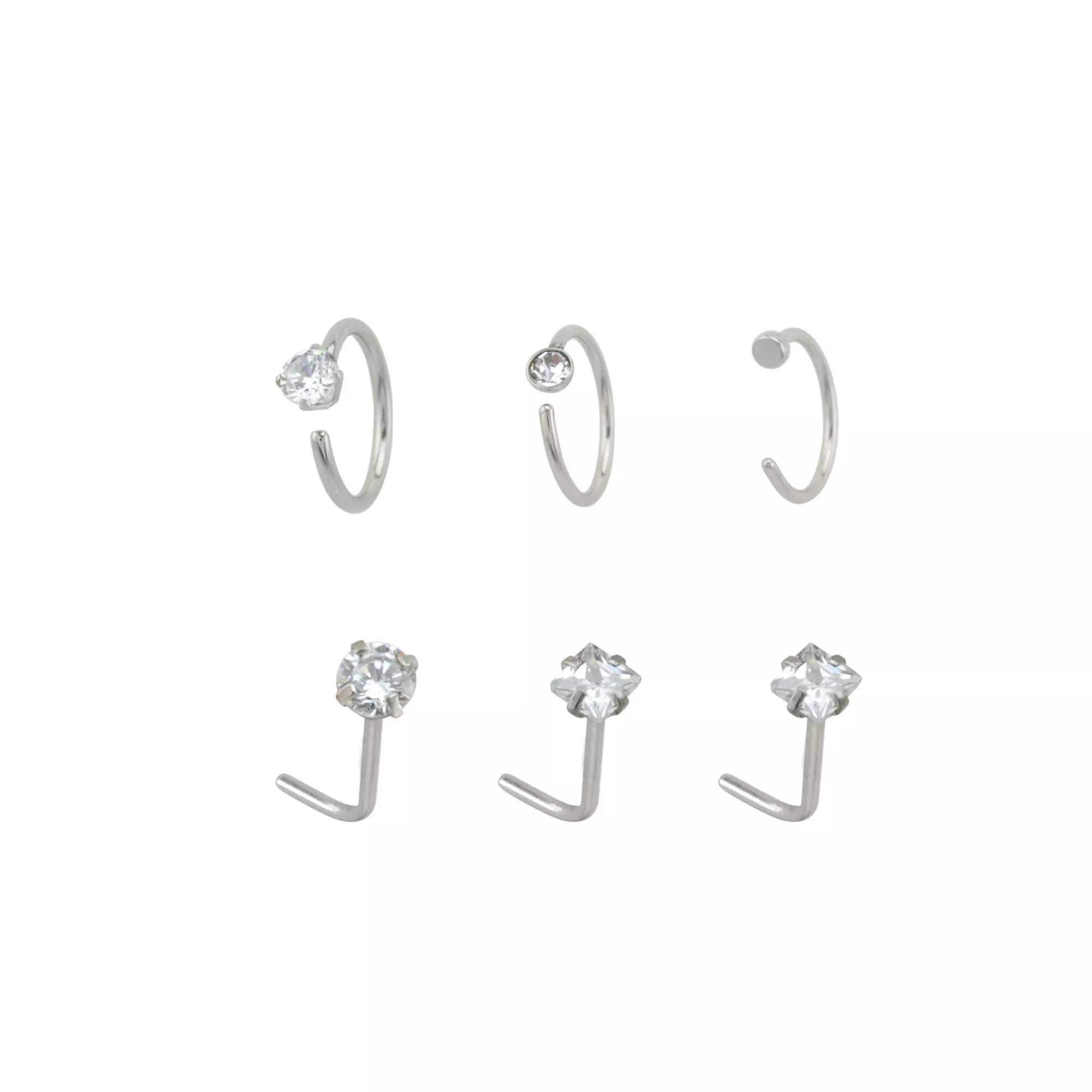 Multi-Pack Round and Square CZ L-Bend Nose Rings and Hoop Nose Rings - 6 Pack at Spencer's