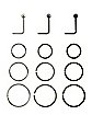 Multi-Pack Silvertone and Black L-Bend and Hoop Nose Rings 12 Pack - 20 Gauge