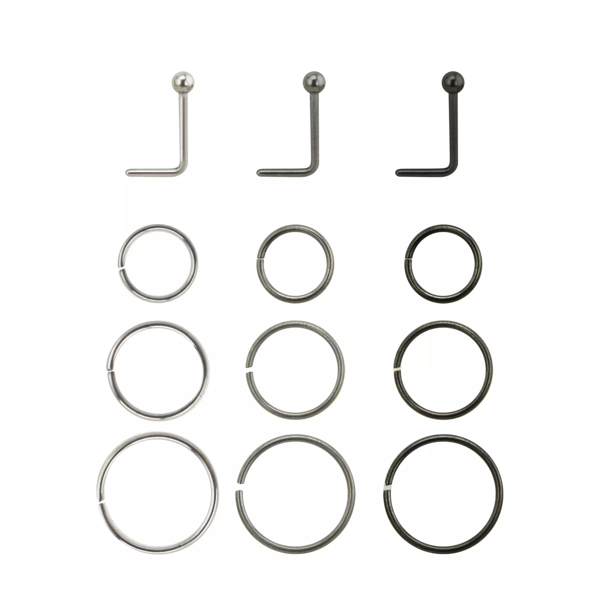 Multi-Pack Silvertone and Black L-Bend and Hoop Nose Rings 12 Pack - 20 Gauge at Spencer's