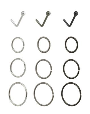 Multi-Pack Silvertone and Black L-Bend and Hoop Nose Rings 12 Pack - 20 Gauge