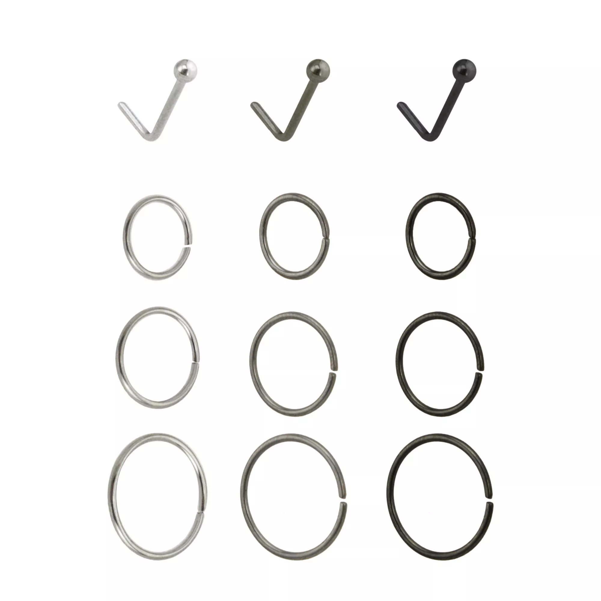 Multi-Pack Silvertone and Black L-Bend and Hoop Nose Rings 12 Pack - 20 Gauge at Spencer's